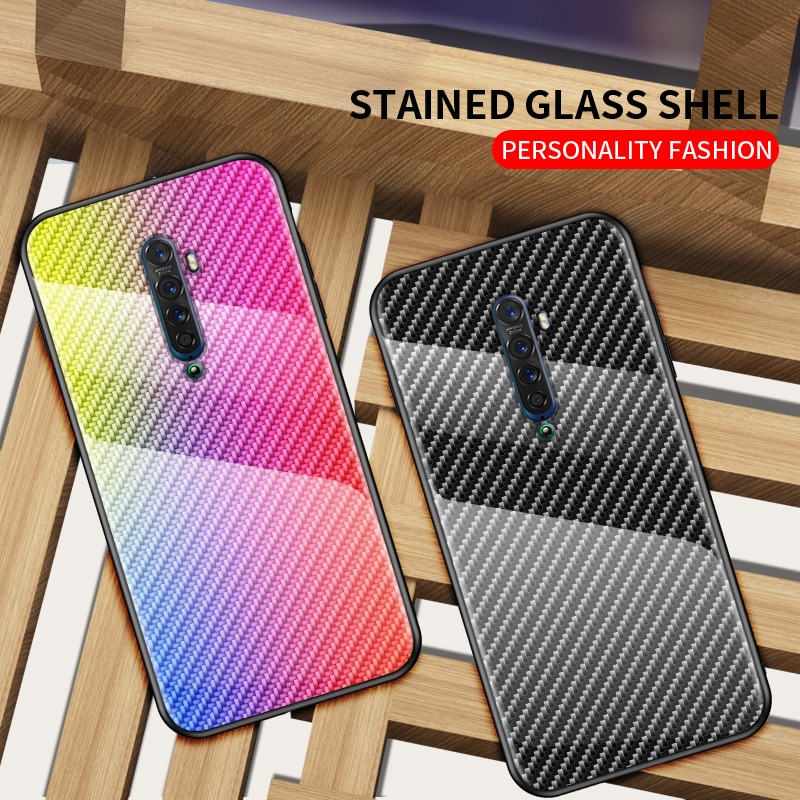 เคส OPPO Reno 2 #เคสฝาหลัง Gradient Color ลายคาร์บอนไฟเบอร์ Carbon fiber texture Glass Hybrid Soft Silicone Cover