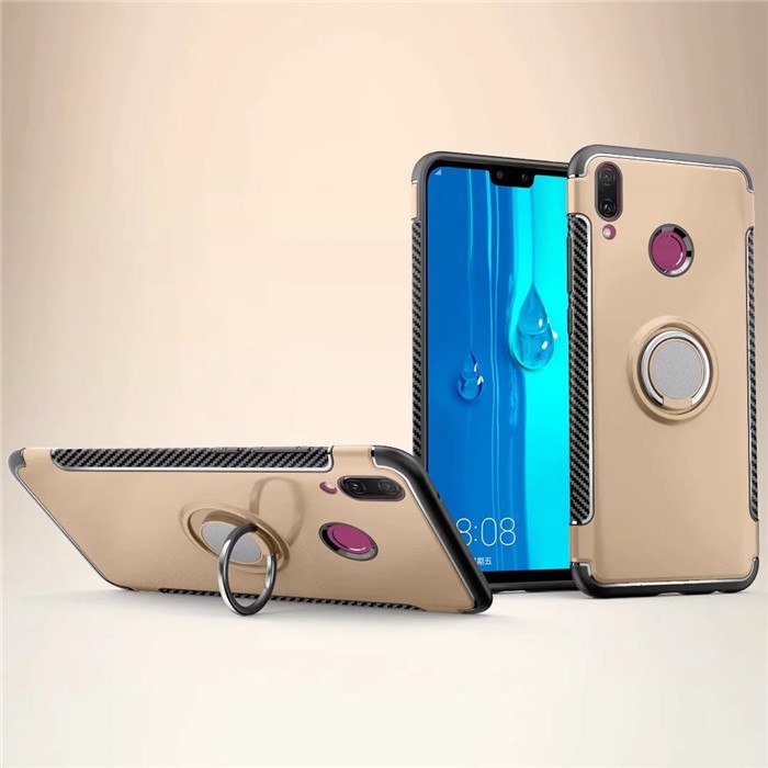 เคส Huawei Y9 (2019) #เคสฝาหลังขอบ Carbon Fiber Texture TPU มีแหวนสวมนิ้ว