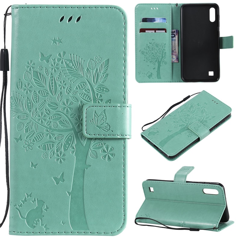 Case Samsung Galaxy A10 #เคสฝาพับหนัง PU พิมพ์ลาย Imprint Cat and Tree Pattern Leather Protection Cover