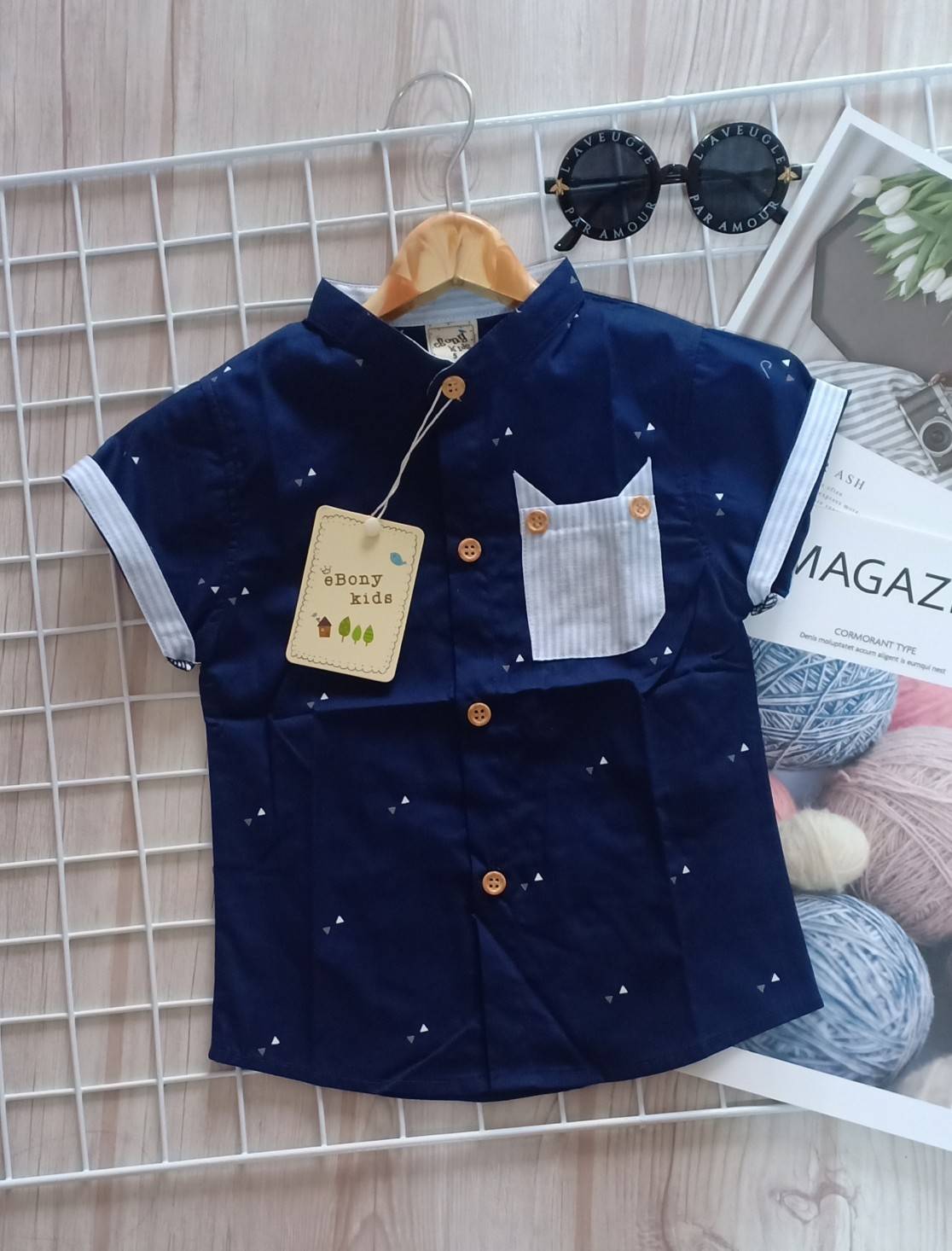 เสื้อเด็ก เชิ้ตคอจีนกระเป๋าแมว