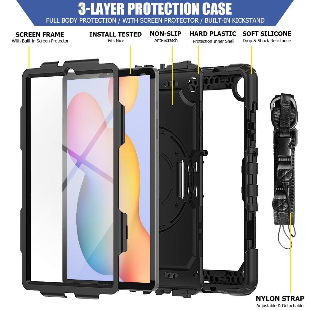เคส Samsung Galaxy Tab S6 Lite 10.4 SM-P610 P615 P617 #เคสฝาหลังมีสายรัดสวมมือ มีสายคล้องไหล่ 3 Layer Silicon Plastic Stand cover with strap