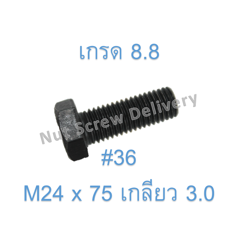 สกรูหัวเหลี่ยมมิลดำ M24 x 75 (เกลียว 3.0) ขอบ #36 เกรด 8.8