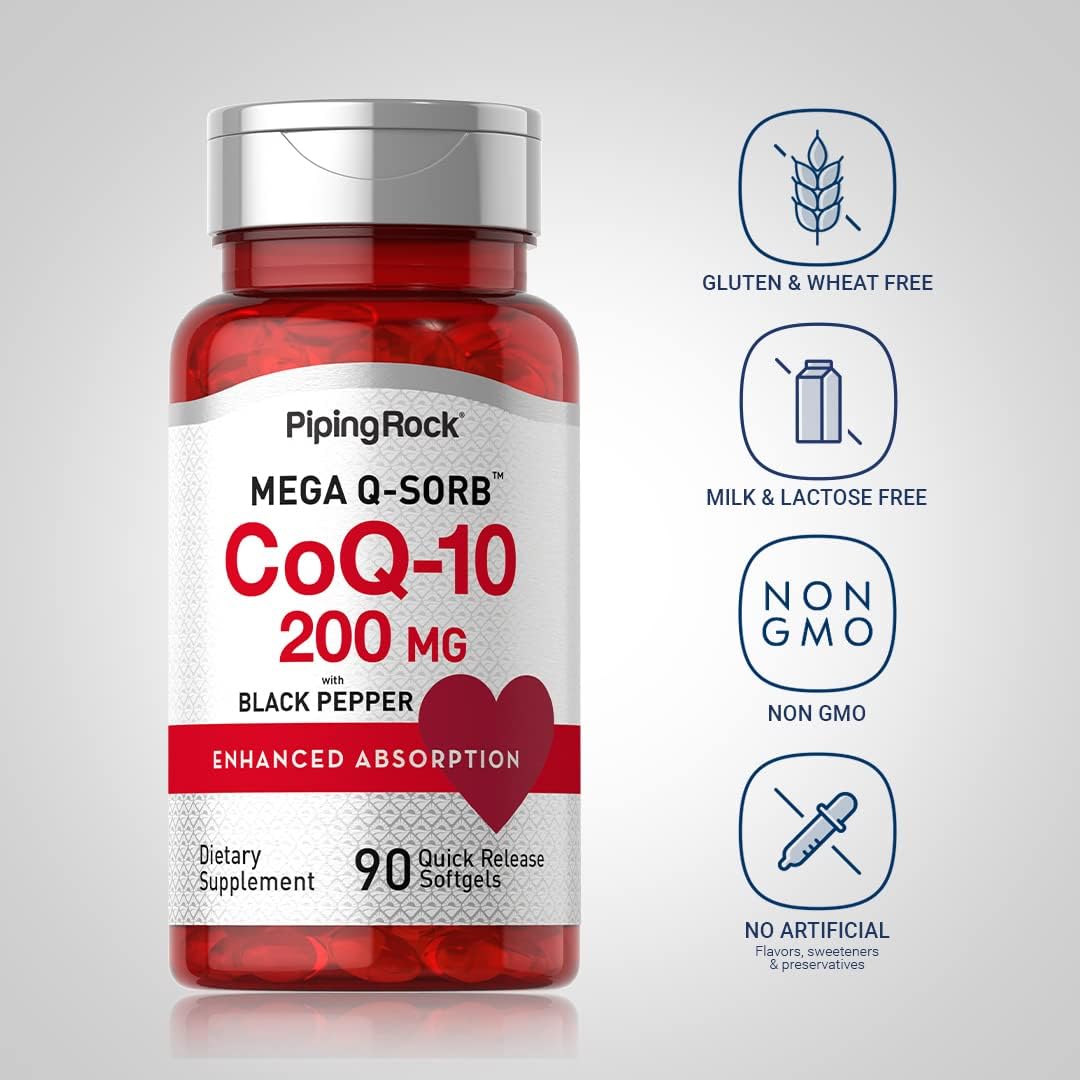 Absorbable CoQ10 โคคิวเทน 200mg + Black Pepper Extract 90 Quick Release Softgels (Piping Rock®) ลดความดัน บำรุงหัวใจ