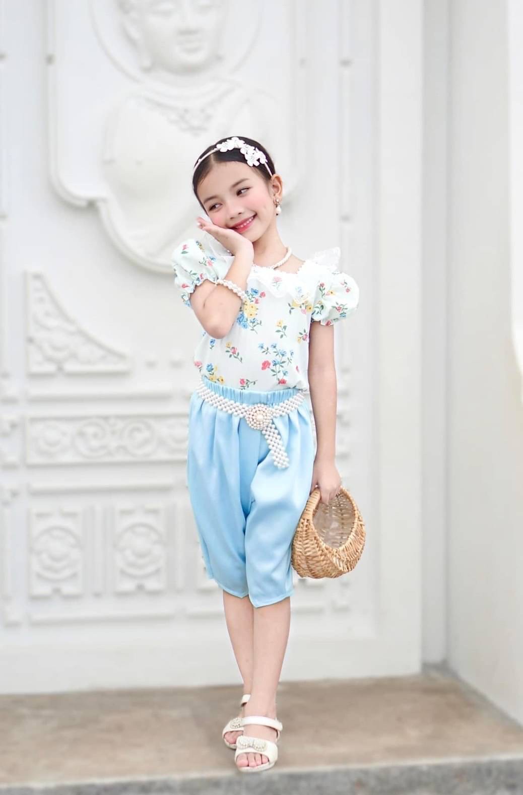 ชุดไทยเด็กหญิง setเสื้อกับโจง โทนฟ้า