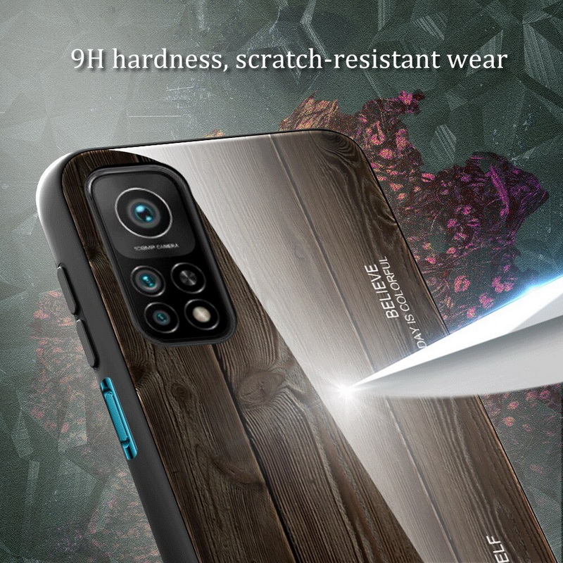 เคส Xiaomi Mi 10T Pro #เคสฝาหลังกระจกลายผิวไม้ Case Hard Tempered glass Wood grain protect Back Cover