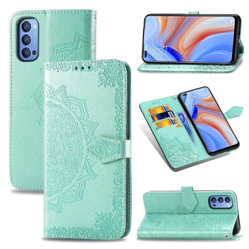 Case OPPO Reno 4 Pro 5G #เคสฝาพับหนัง PU ผิวลายนูน Embossed Mandala Flower Leather Wallet