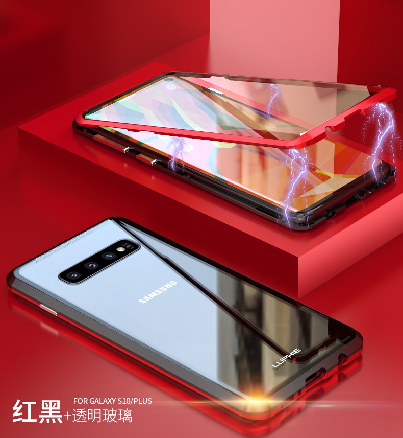 เคส Samsung Galaxy S10+ #เคสฝาครอบกระจกขอบโลหะดูดซับแม่เหล็ก Fully Protection Magnetic Adsorption Glass Metal Phone Protective
