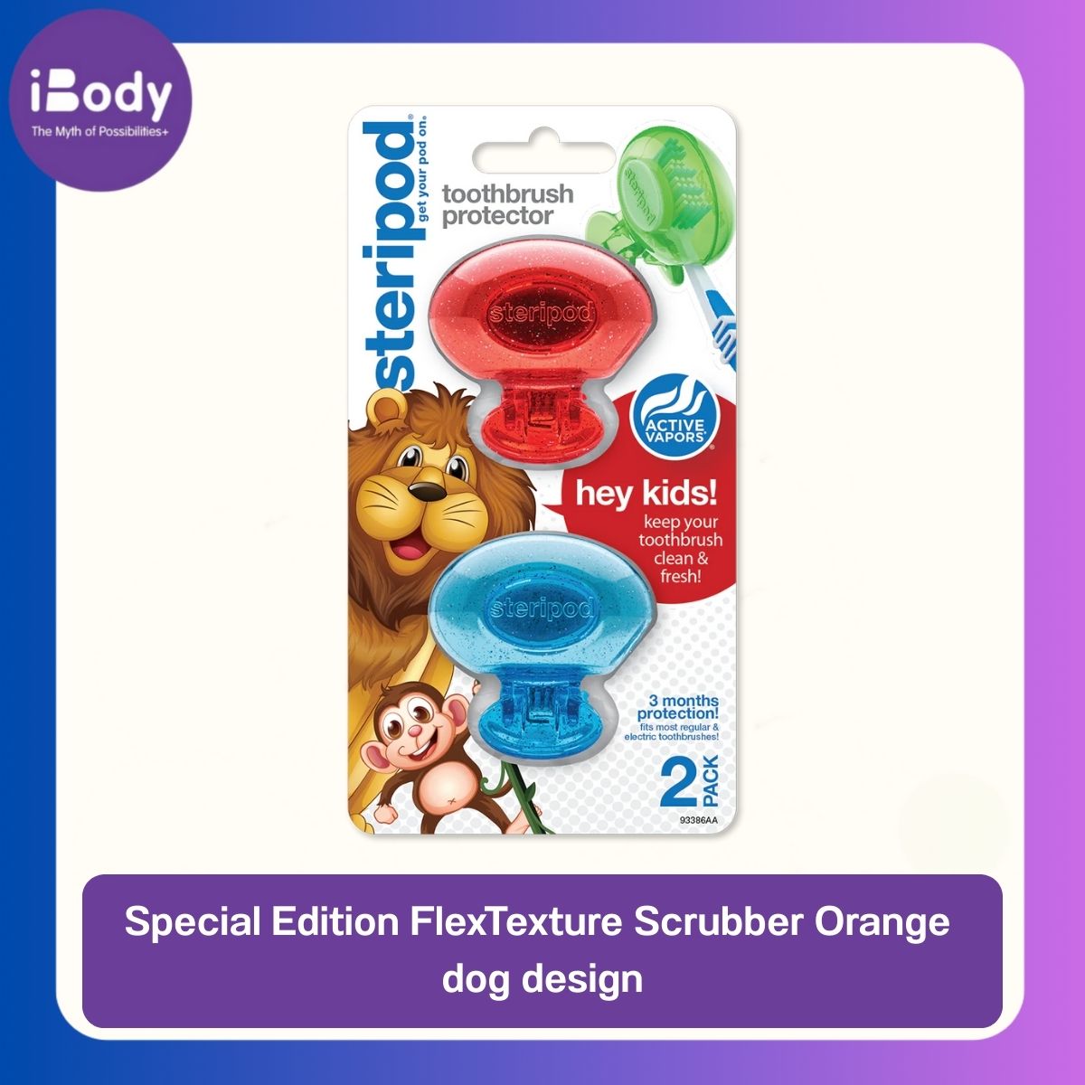 Steripod® Kids Clip On Toothbrush Protector Active Vapors 2 Pack ฝาครอบป้องกันแปรงสีฟัน แบบคลิปออน สำหรับเด็ก มีไอระเหย