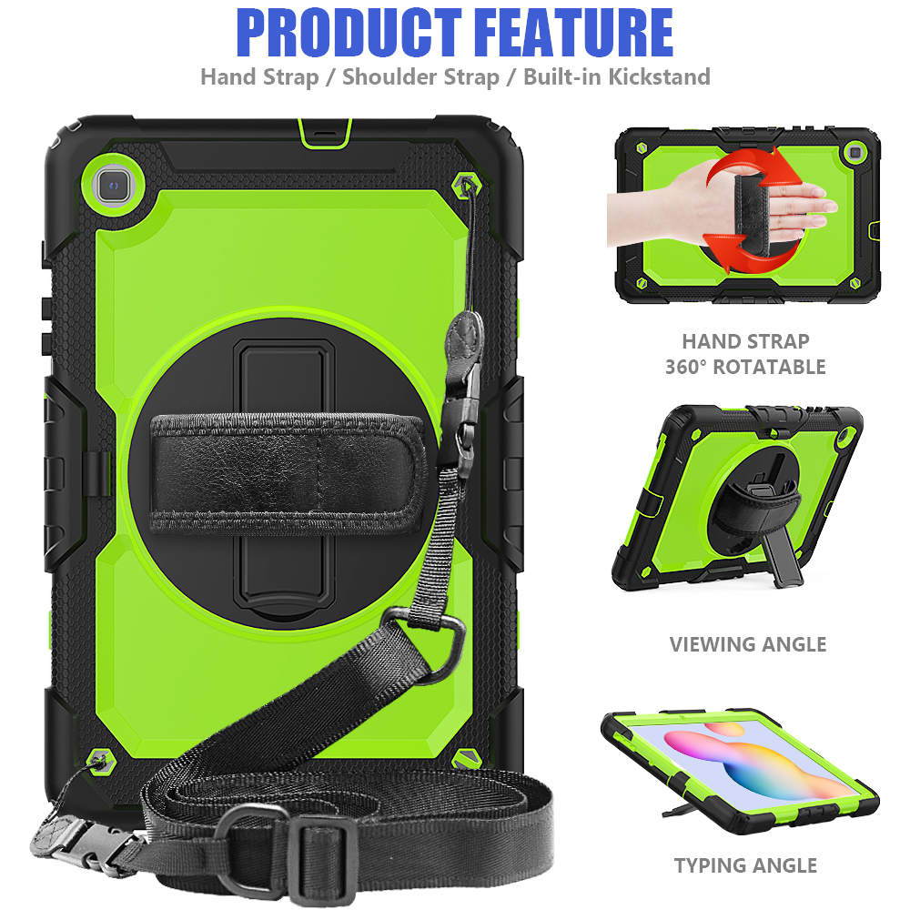 เคส Samsung Galaxy Tab S6 Lite 10.4 SM-P610 P615 P617 #เคสฝาหลังมีสายรัดสวมมือ มีสายคล้องไหล่ 3 Layer Silicon Plastic Stand cover with strap