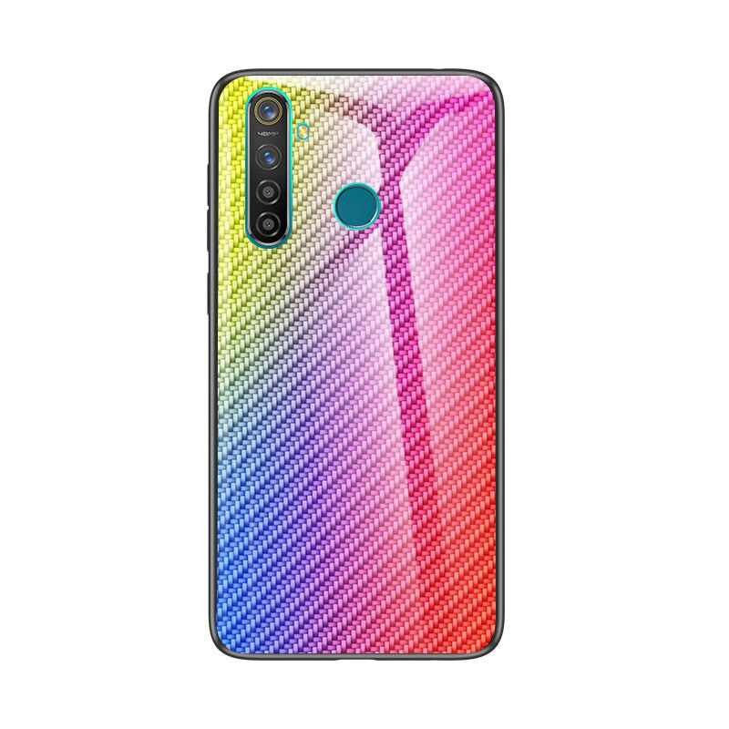 Case Realme 5 Pro #เคสฝาหลัง Gradient Color ลายคาร์บอนไฟเบอร์ Carbon fiber texture Glass Hybrid Soft Silicone Cover