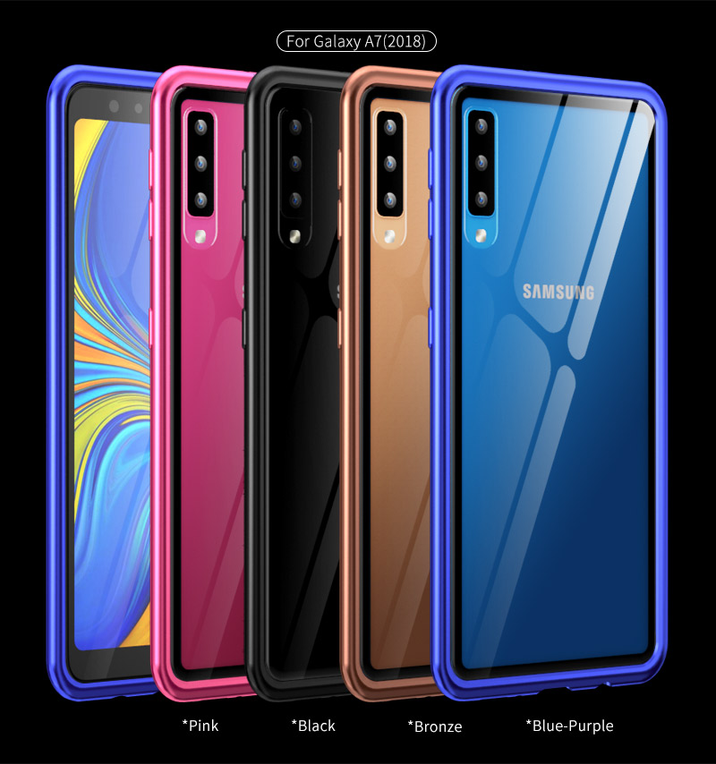 Case Samsung Galaxy A7 (2018) #เคสไฮฮบริด กรอบโลหะ + แผ่นหลังกระจกนิรภัยถอดออกได้แบบแม่เหล็ก