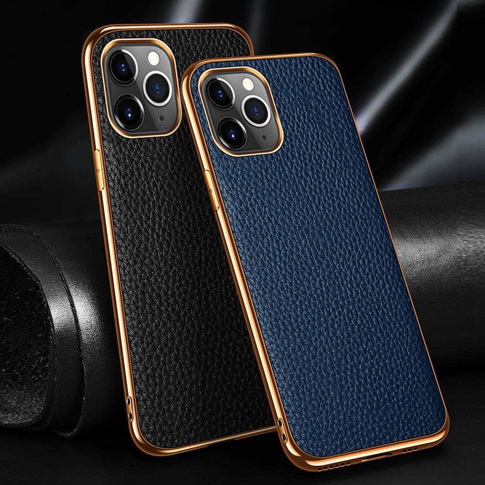 Case iPhone 14#เคสฝาหลังหนังแท้ผิวลิ้นจี่ขอบเงา Luxury genuine leather case with plated ed