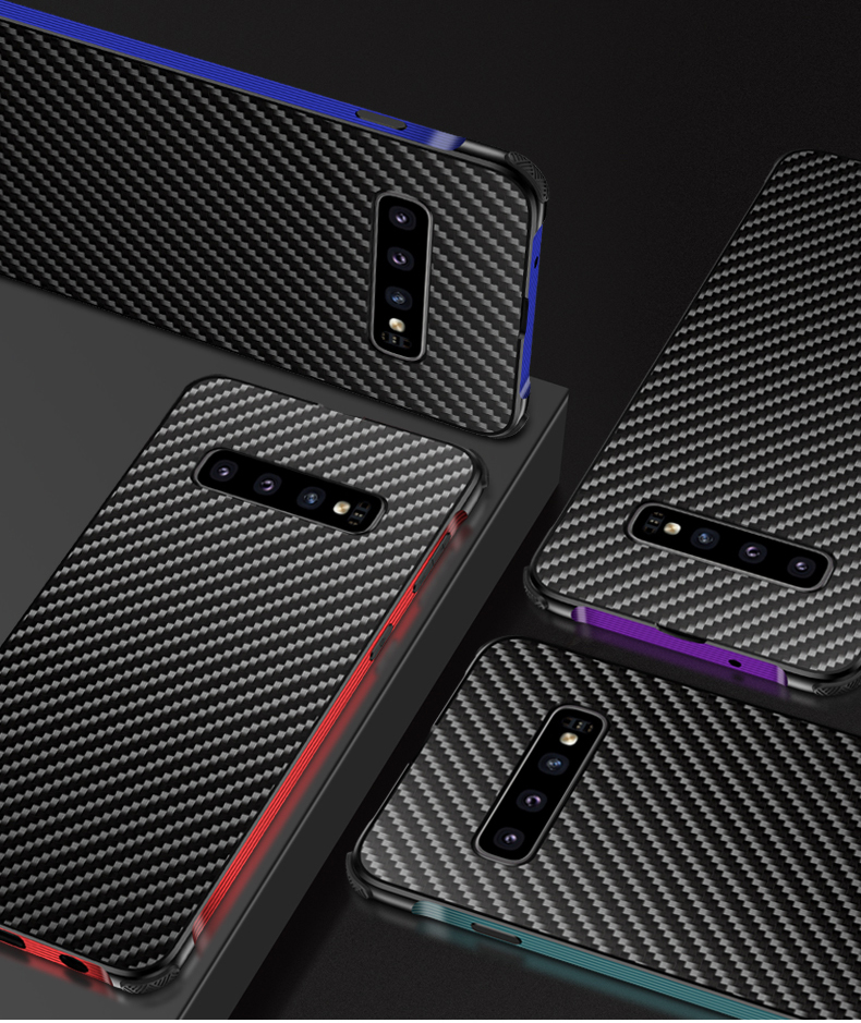 เคส Samsung Galaxy S10 ขอบกันชนอลูมิเนียมอัลลอยด์ชุบ + #เคสฝาหลังพลาสติกลายคาร์บอนไฟเบอร์ Electroplated Aluminum Alloy Bumper + Carbon Fiber PC Back Panel Slide-on