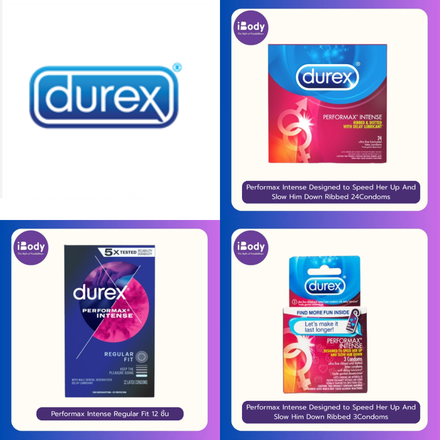 (Durex®) Performax Intense Designed to Speed Her Up And Slow Him Down Ribbed Regular Fit Latex Condoms 3 12 24 ถุงยางอนามัย