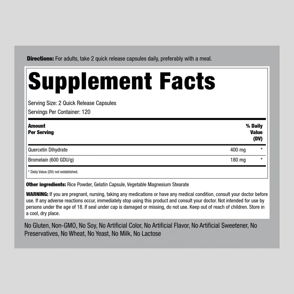 เควอซิทิน และโบรเมแลน Quercetin & Bromelain 240 Capsules (Piping Rock®)