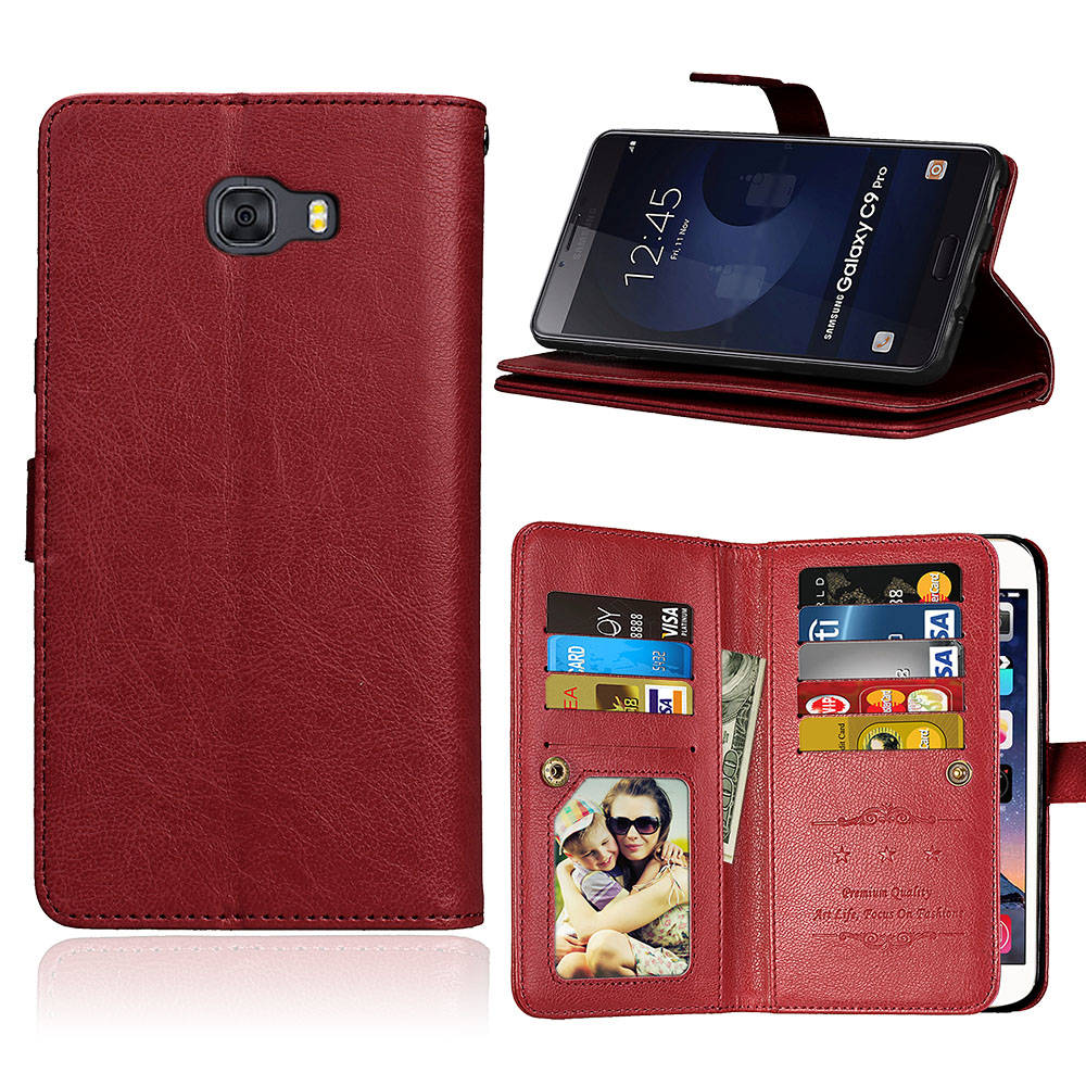 เคส Samsung Galaxy C9 Pro #เคสฝาพับผิวหนังม้าแบบกระเป๋าสตางค์ PU Folio มีช่องใส่บัตรถึง 9 ช่อง