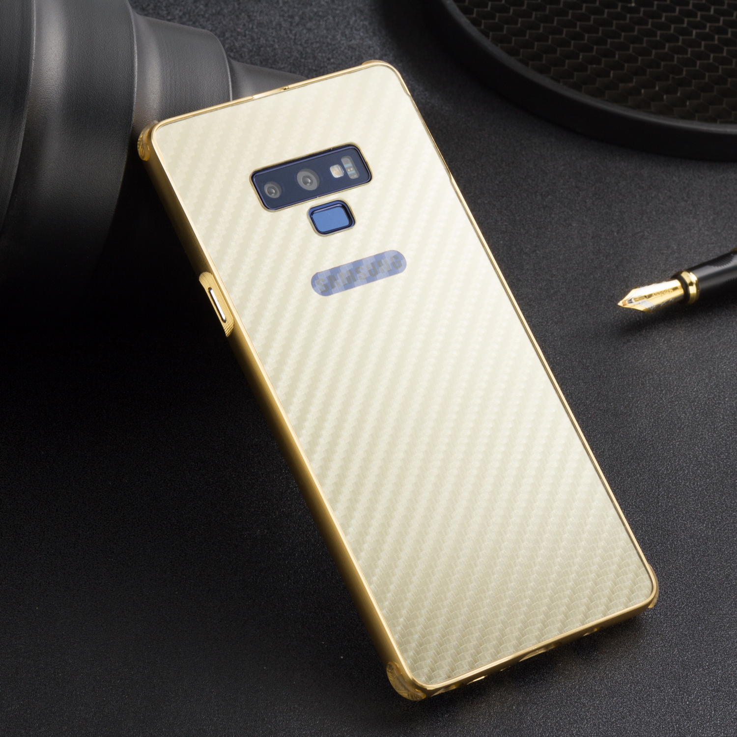 Case Samsung Galaxy Note 9 N960 #เคสฝาหลังกรอบโลหะ Electroplated + ฝาหลังพลาสติกผิวคาร์บอนไฟเบอร์