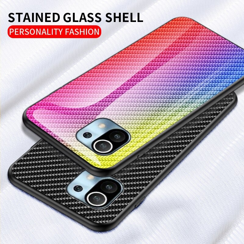 Case Xiaomi Mi 11 #เคสฝาหลัง Gradient Color ลายคาร์บอนไฟเบอร์ Carbon fiber texture Glass Hybrid Soft Silicone Cover