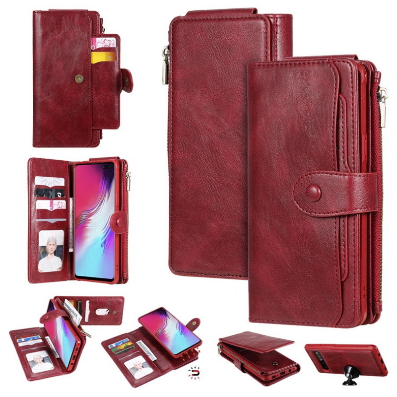 Case Samsung Galaxy S10+ #เคสฝาพับแบบแยกส่วนสไตล์กระเป๋าสตางค์มีช่องใส่บัตรหลายช่อง Multi-slot Zippered Luxury Flip Stand Card Leather Wallet Cover Separable Case Cover