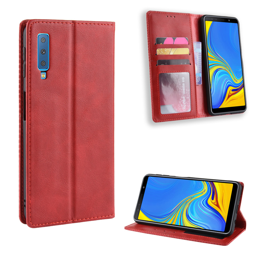 เคส Samsung Galaxy A7 (2018) #เคสฝาพับปกหนังสไตล์วินเทจดูดซับอัตโนมัติแบบกระเป๋าสตางค์