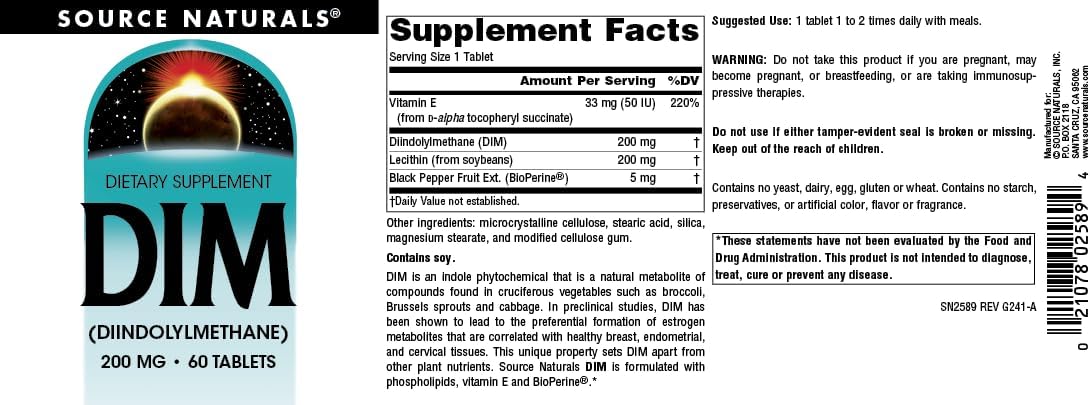 Source Naturals® DIM 200 mg 60 Tablets Diindolylmethane with BioPerine