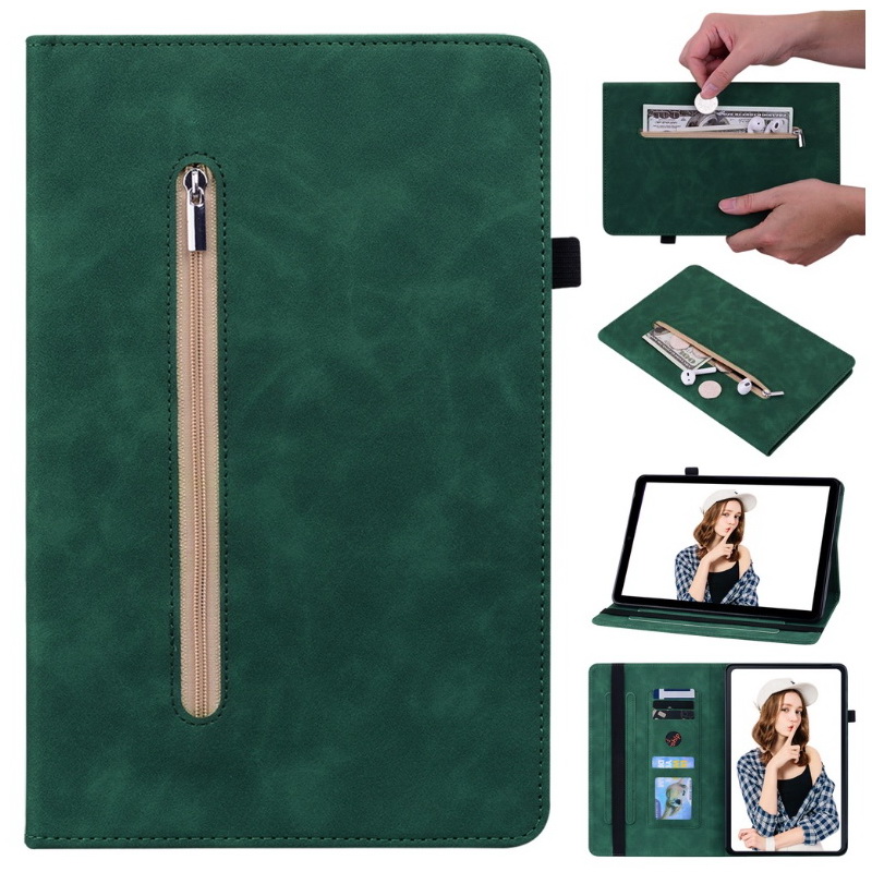 เคส Samsung Galaxy Tab S7 FE 12.4"(T730,T736) #เคสฝาพับหนัง PU ปกด้านหน้ามีช่องซิบ ด้านในช่องใส่บัตร Leather Tablet Stand Cover with Card Holder