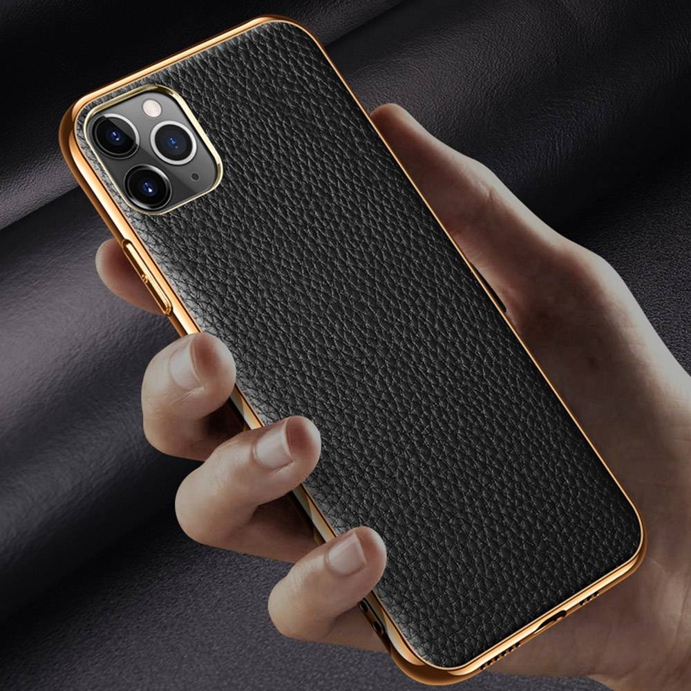 Case iPhone 14#เคสฝาหลังหนังแท้ผิวลิ้นจี่ขอบเงา Luxury genuine leather case with plated ed