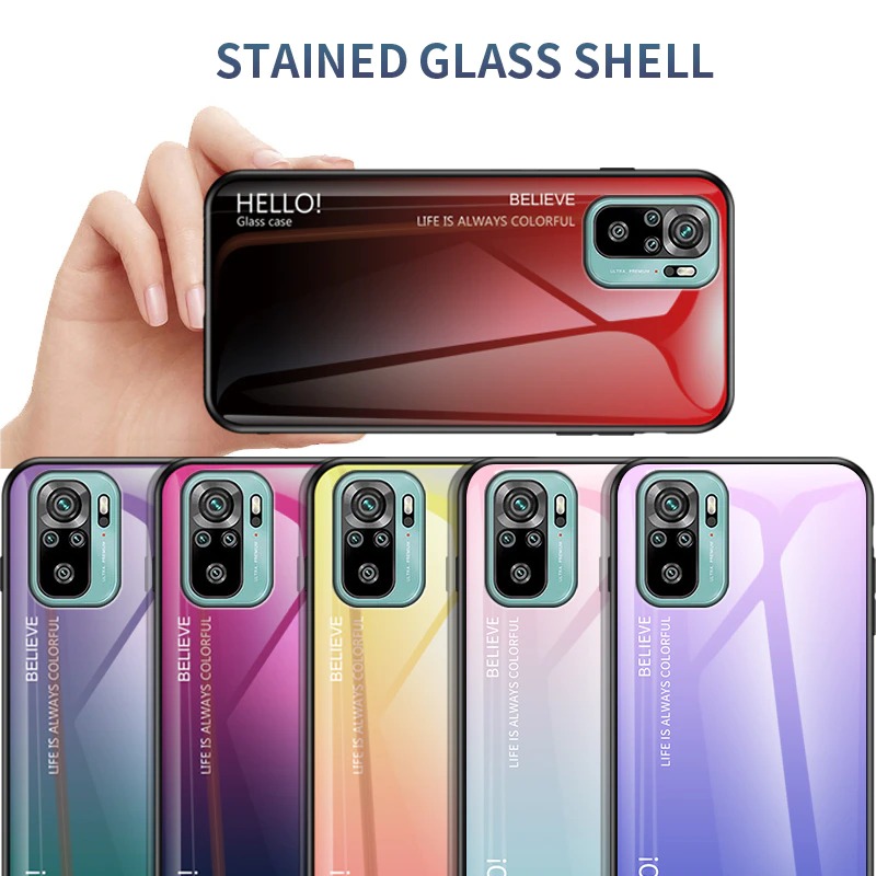 เคส Redmi Note 10S #เคสฝาหลัง Gradient Color Glass + PC + TPU Hybrid Case