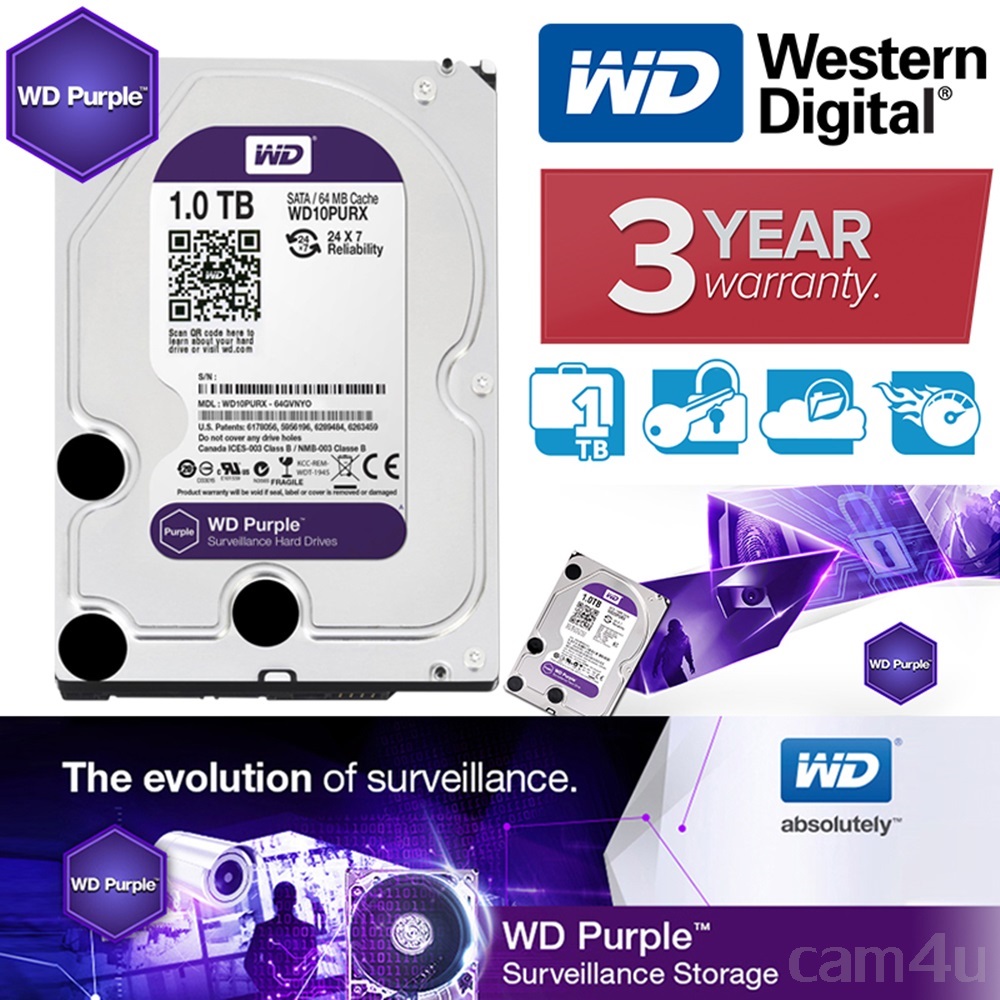 Western Digital HDD1TB Purple (สีม่วง) เหมาะกับกล้องวงจรปิด รับประกันศูนย์ WD 3 ปี