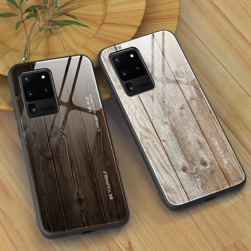 Case Samsung Galaxy Note 20 Ultra / Note 20 Ultra 5G #เคสฝาหลังกระจกลายผิวไม้ Case Hard Tempered glass Wood grain protect Back Cover