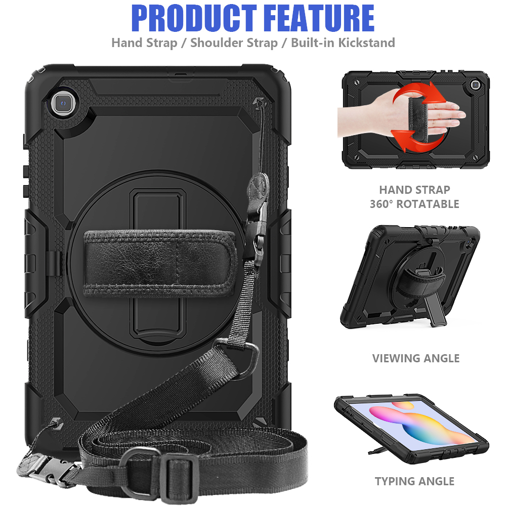 เคส Samsung Galaxy Tab S6 Lite 10.4 SM-P610 P615 P617 #เคสฝาหลังมีสายรัดสวมมือ มีสายคล้องไหล่ 3 Layer Silicon Plastic Stand cover with strap