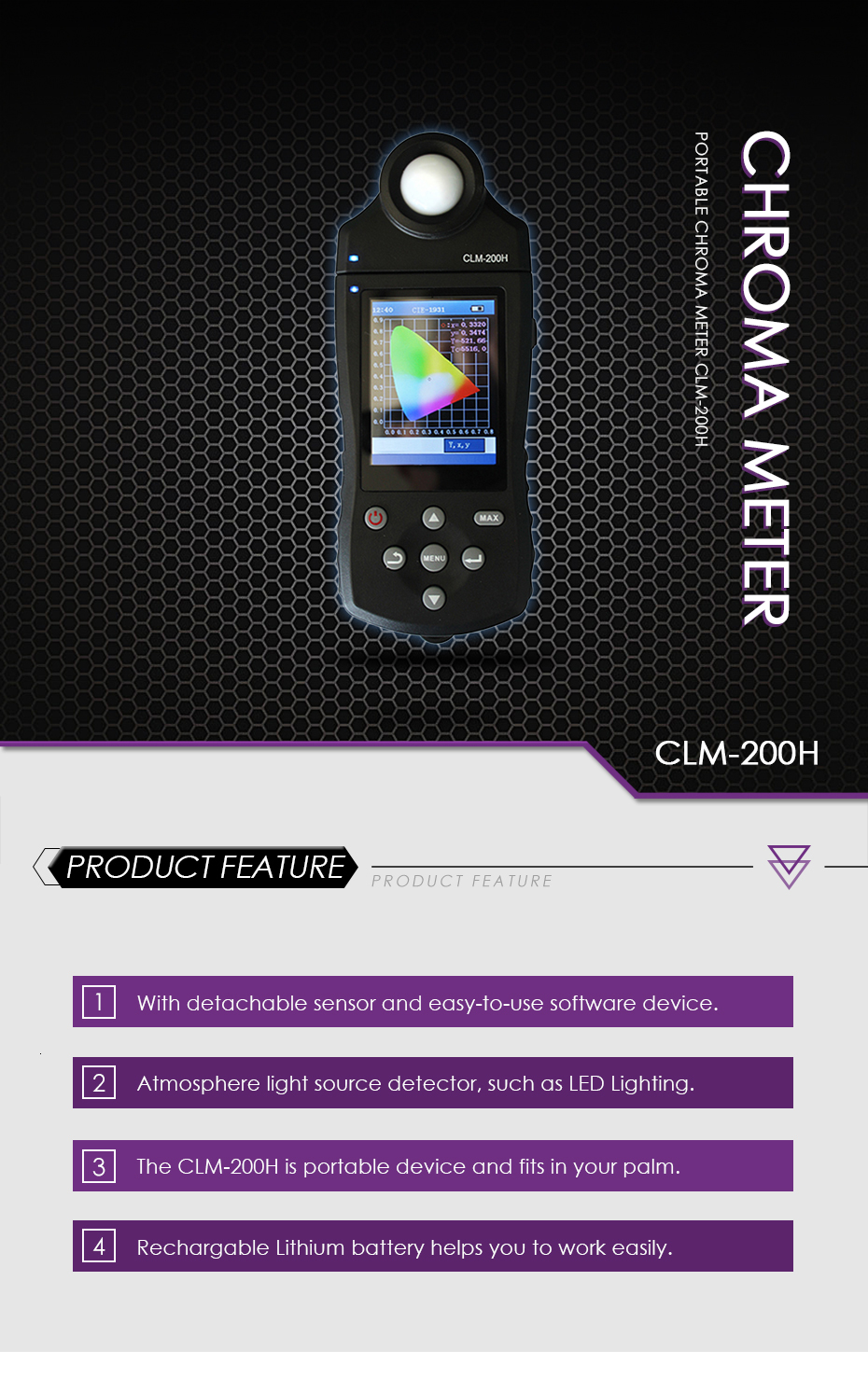 CLM-200H อุณหภูมิสีความสว่างความบริสุทธิ์ฟลักซ์ส่องสว่าง RGB ความยาวคลื่น LED สีขาว ELED Chroma ขนาด Nicety