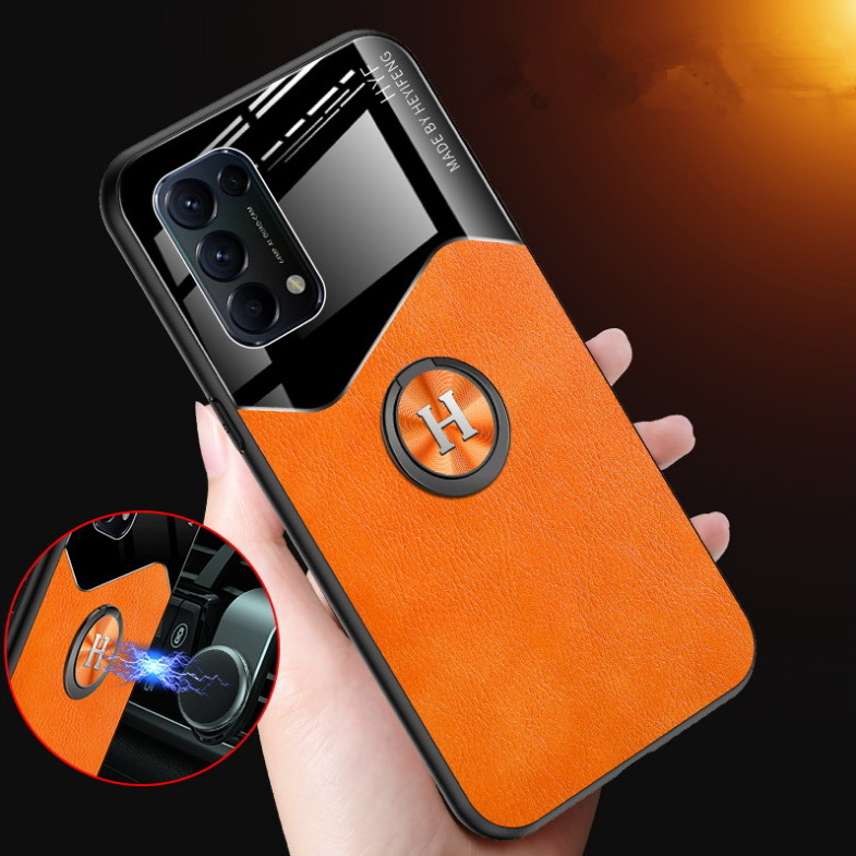 เคส OPPO Reno 5 5G #เคสฝาหลังไฮบริด PU +TPU + glass สีทูโทนมีแหวนสวมนิ้ว Shockproof Leather Mirror Glass Silicone Phone Back Cover