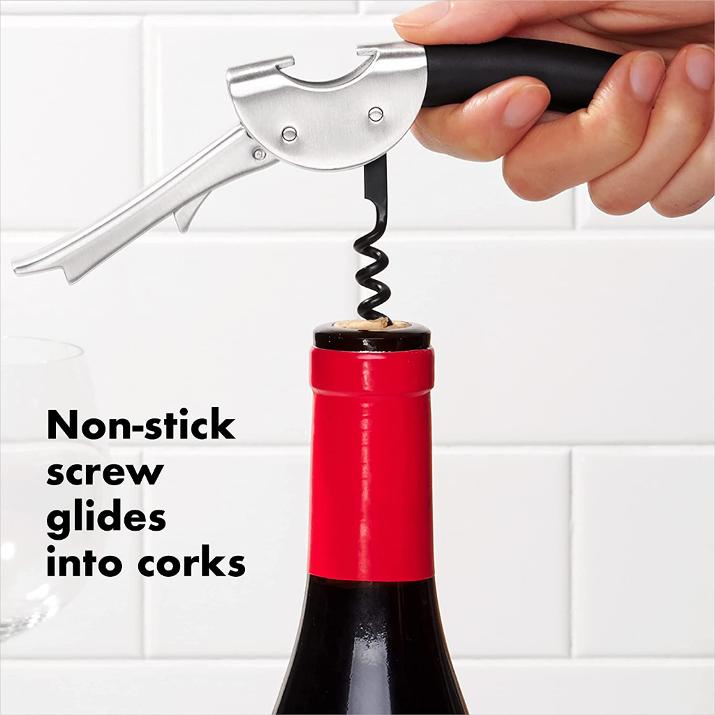 OXO® Steel Double Lever Waiter's Corkscrew Silver/Black ที่เปิดขวดไวน์ ที่เปิดจุกคอร์กขวดไวน์ แบบพกพา