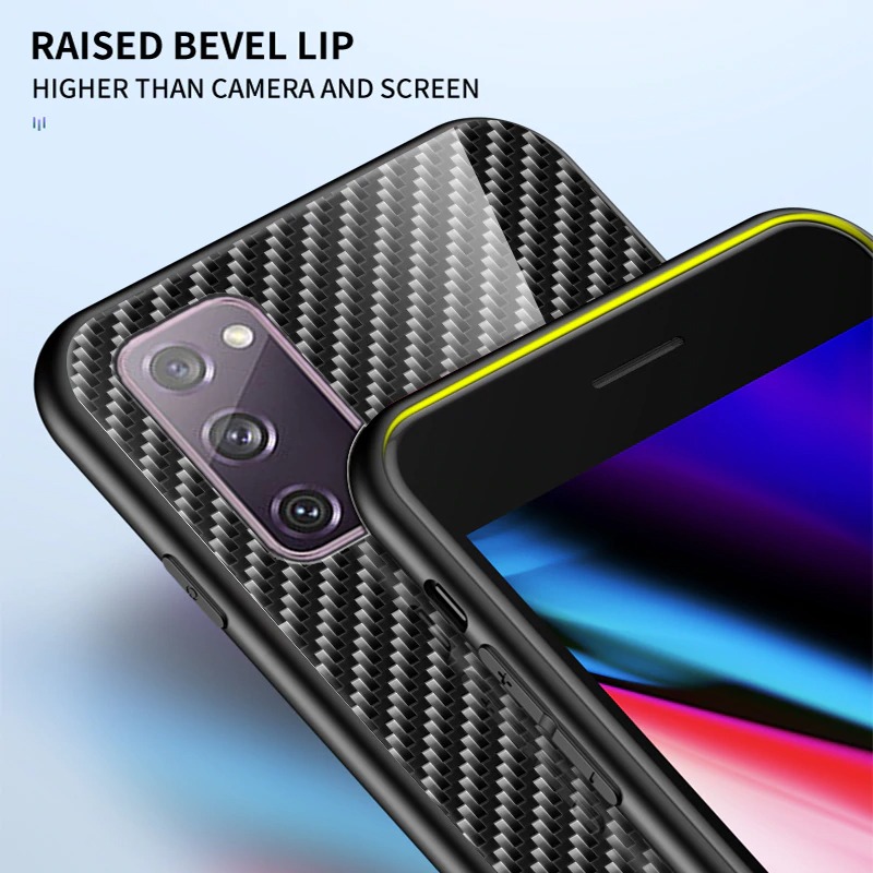 เคส Samsung Galaxy S20 FE / S20 FE 5G #เคสฝาหลัง Gradient Color ลายคาร์บอนไฟเบอร์ Carbon fiber texture Glass Hybrid Soft Silicone Cover