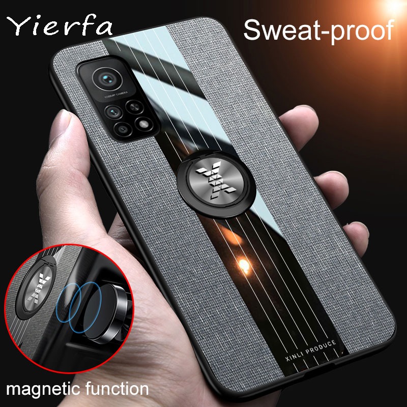 เคส Xiaomi Mi 10T #เคสฝาหลังเคลือบผ้าเนื้อมีแหวนสวมนิ้ว TPU ไฮบริด+อะคริลิ + แหวนโลหะ