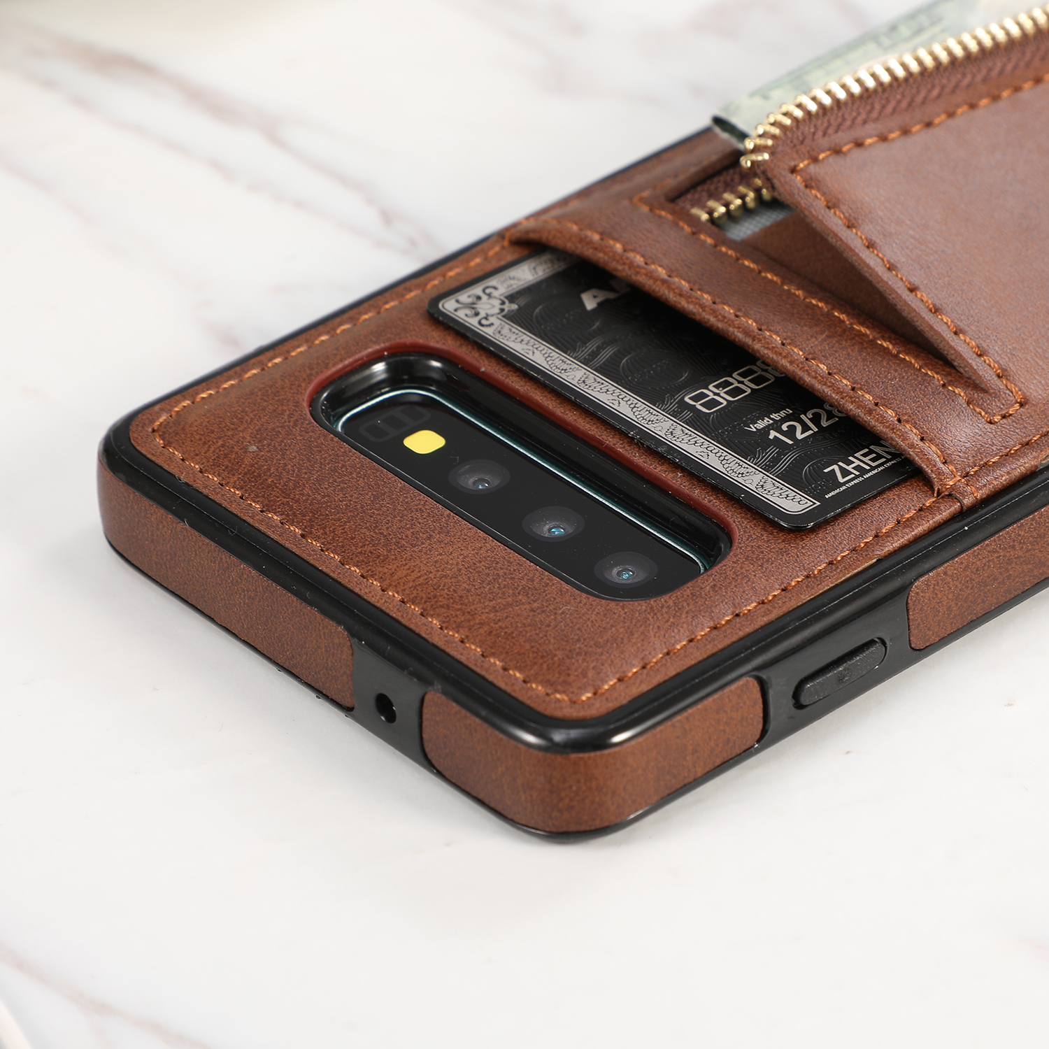 Case Samsung Galaxy S10 #เคสฝาหลังมีช่องใส่บัตรและช่องซิปหนัง PU + เคส TPU