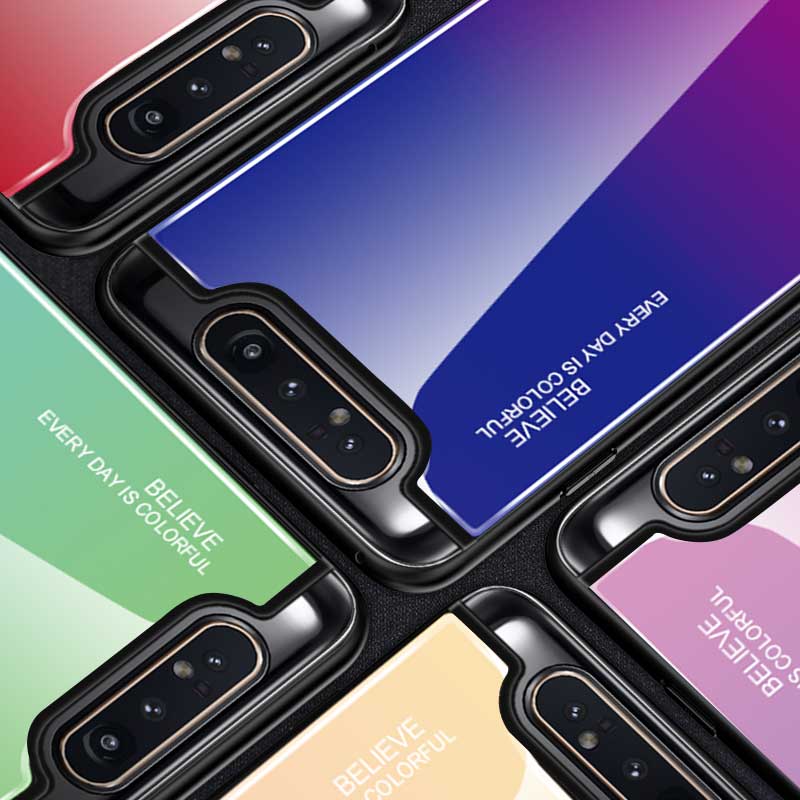 Case Samsung Galaxy A80 # (พร้อมส่ง) เคสฝาหลัง กระจกสีไล่โทนสี Glass + PC + TPU Hybrid Case สี น้ำเงิน/ม่วง