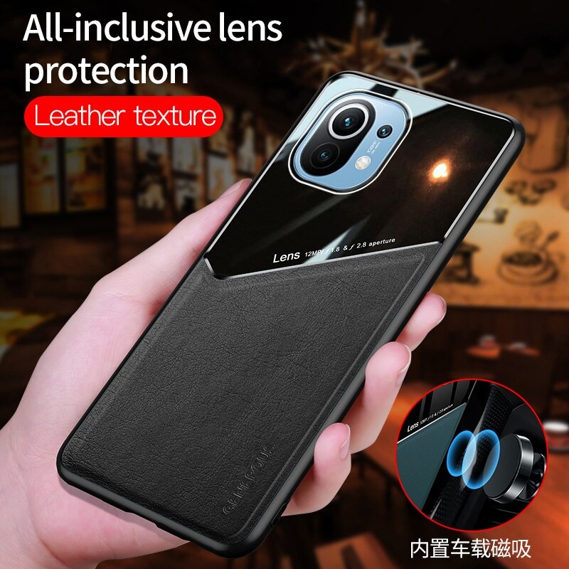เคส Xiaomi Mi 11 #เคสฝาหลังไฮบริด PU +TPU + glass สีทูโทน Shockproof Leather Mirror Glass Silicone Phone Back Cover