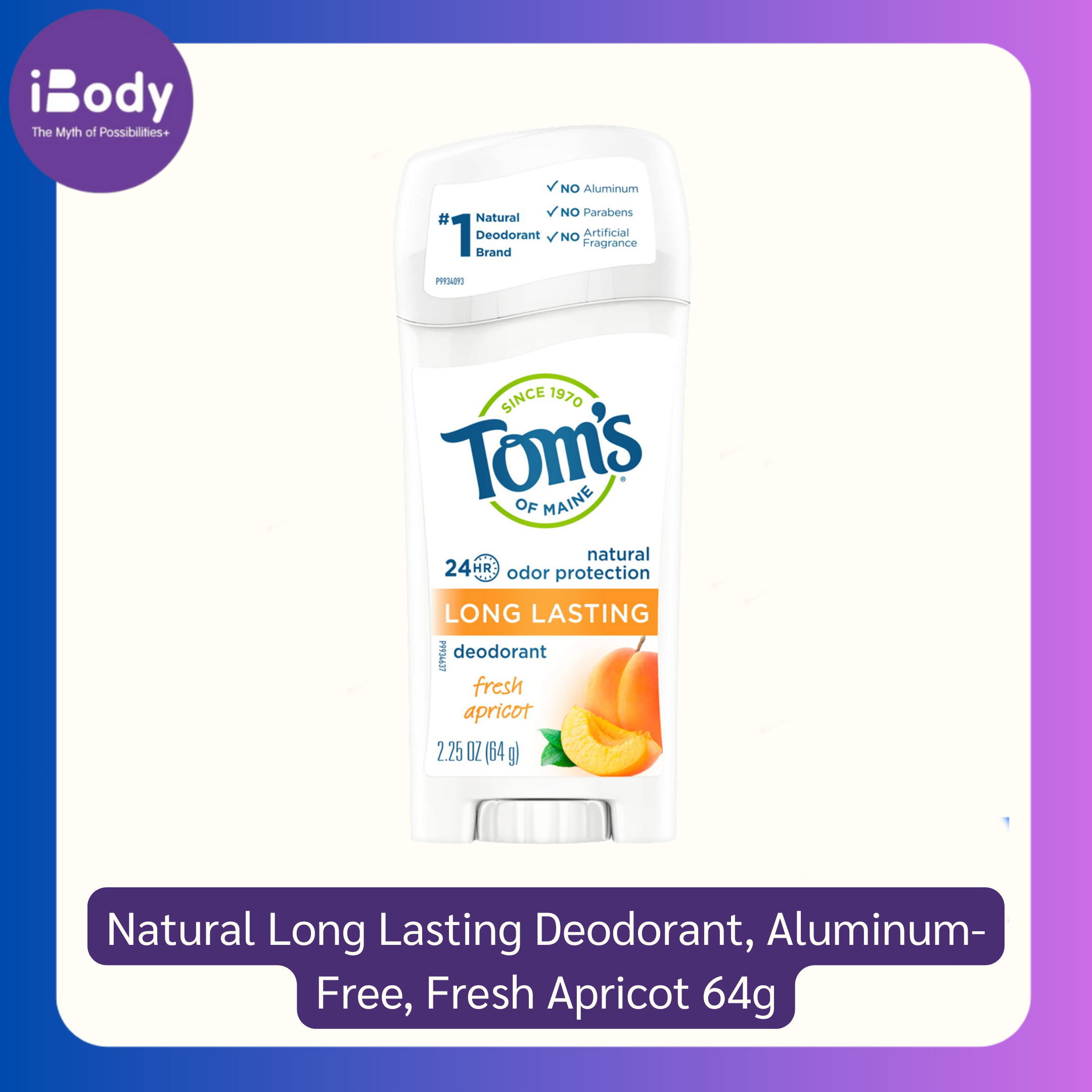 Tom's of Maine® Natural Long Lasting Deodorant, Aluminum-Free, Fresh Apricot 64g โรลออนสติ๊ก กลิ่นแอปปริคอท ระงับกลิ่นกายติดทนนาน