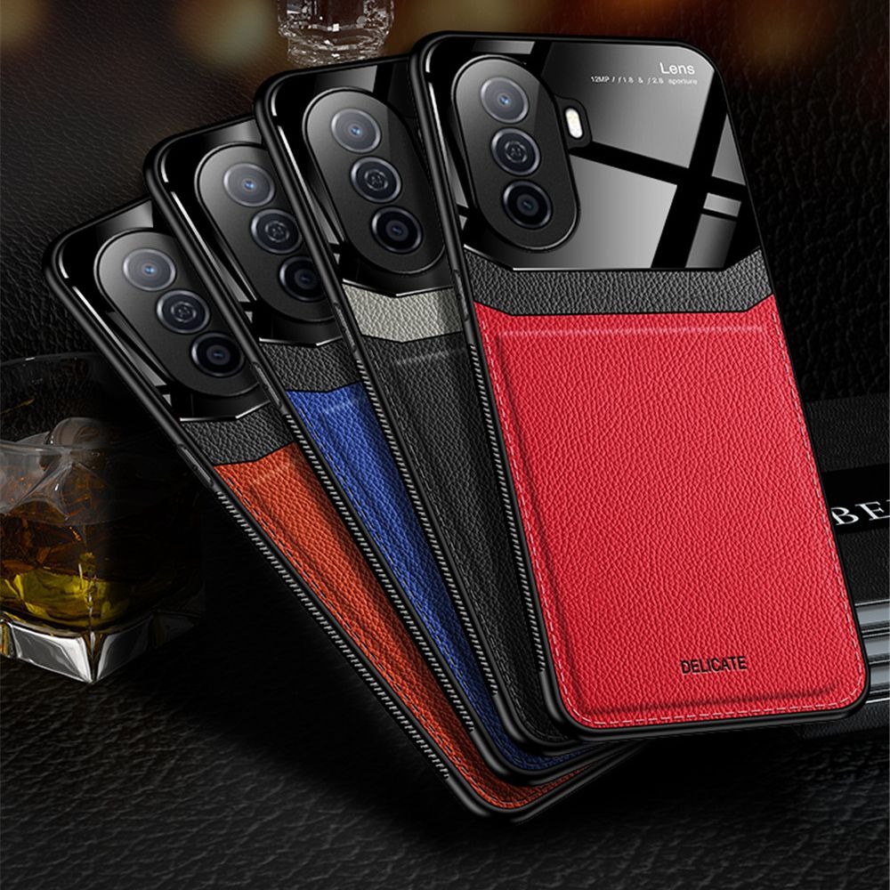 เคส Huawei Nova Y70 #เคสฝาหลังไฮบริด PU +TPU + glass สีทูโทน Shockproof Leather Mirror Glass Silicone Phone Back Cover