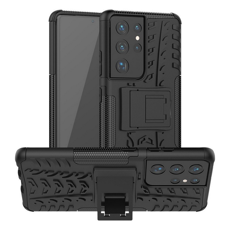 เคส Samsung Galaxy S21 Ultra #เคสฝาหลังกันลื่น Cool Tyre Pattern Kickstand (PC + TPU)