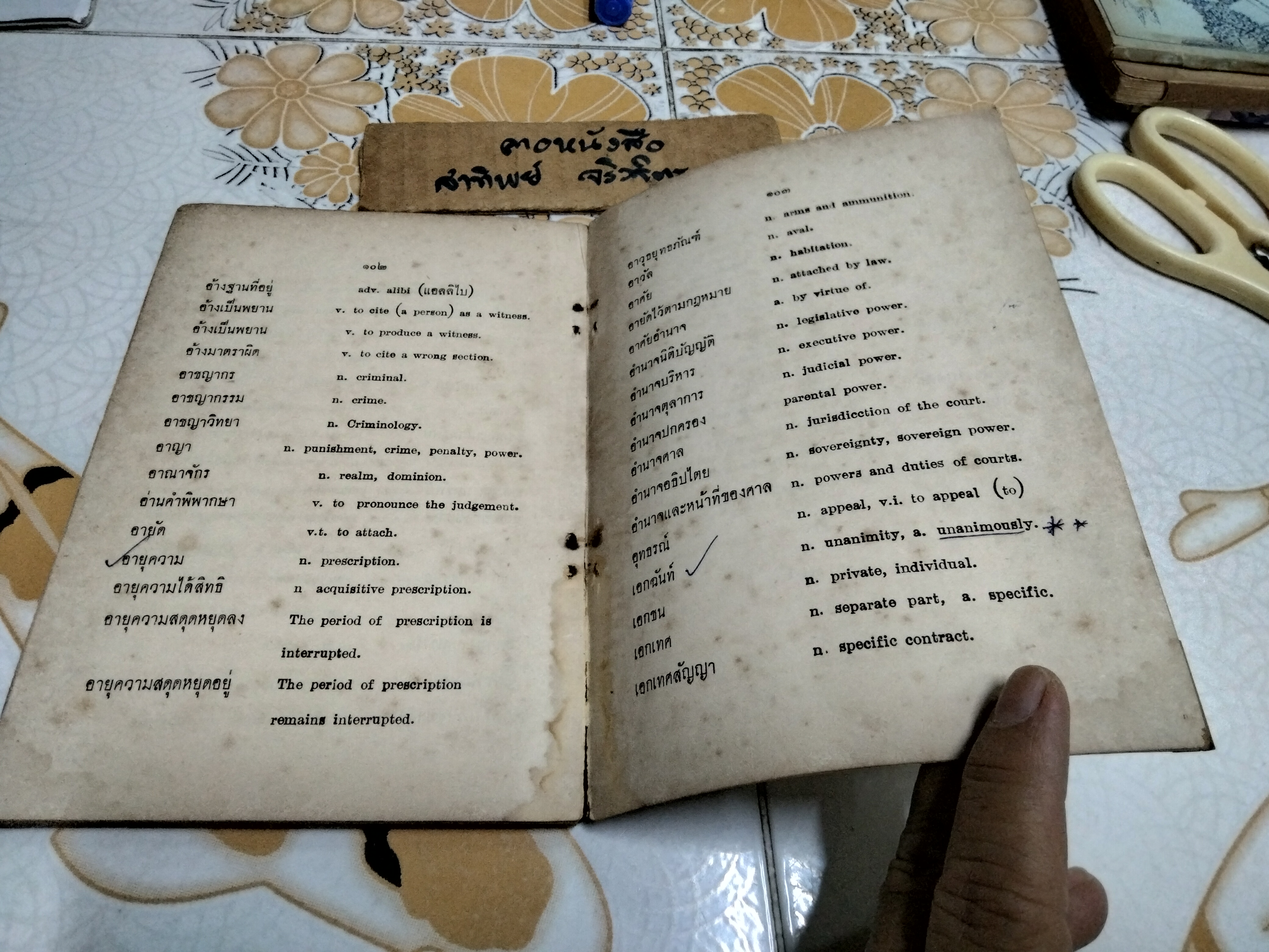 ปทานุกรม ศัพท์กฎหมาย (ไทย - อังกฤษ) เรียงตามตัวอักษร ก - ฮ พิมพ์ครั้งที่ 3/2510 รวบรวมโดย ประสิทธิ์ แสนสิริ