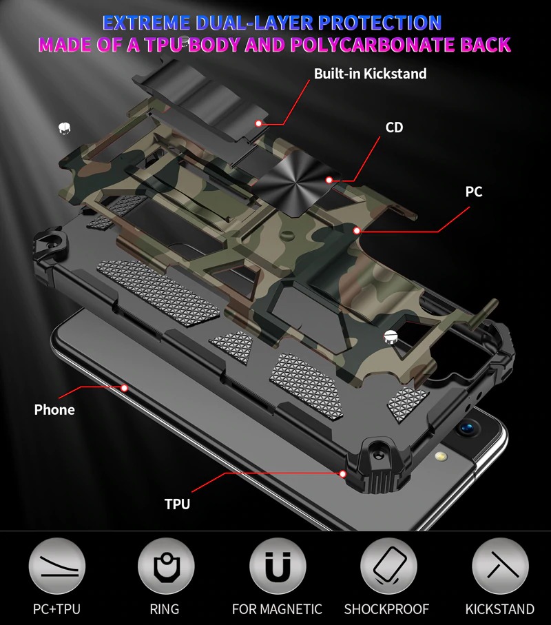 เคส Samsung Galaxy S21+ #เคสแบบฝาหลัง ไฮบริด PC TPU + Kickstand ลายพราง Camouflage Design