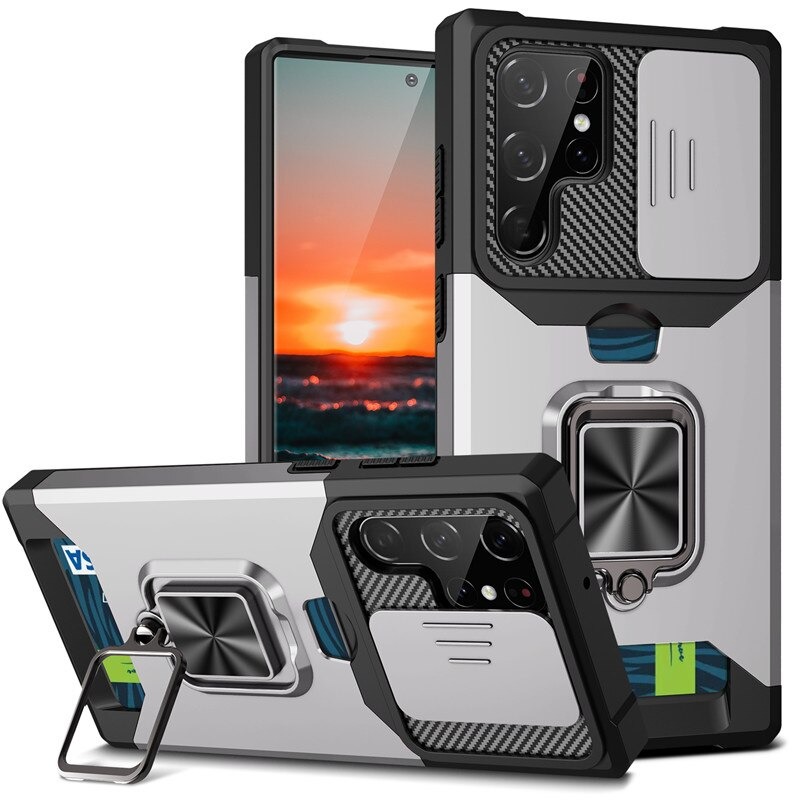 เคส Samsung Galaxy S22 Ultra 5G #เคสฝาหลังกันกระแทก Hybrid Case มัลติฟังก์ชั่นมีแหวนสวมนิ้วแผ่นสไลด์ปิดเลนส์กล้องได้