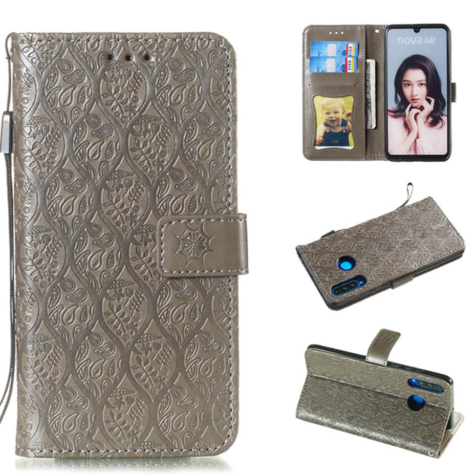 Case Huawei P30 Lite #เคสฝาพับหนัง PU Imprint Rattan Flower Pattern Wallet Flip Leather Phone Cover with Strap