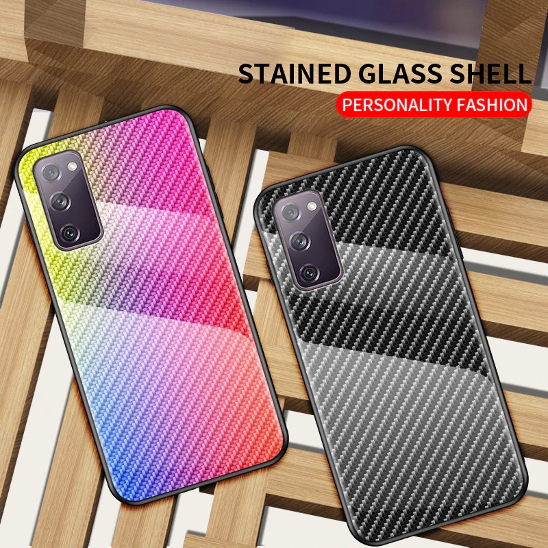เคส Samsung Galaxy Note 20 / Note 20 5G#เคสฝาหลัง Gradient Color ลายคาร์บอนไฟเบอร์ Carbon fiber texture Glass Hybrid Soft Silicone Cover