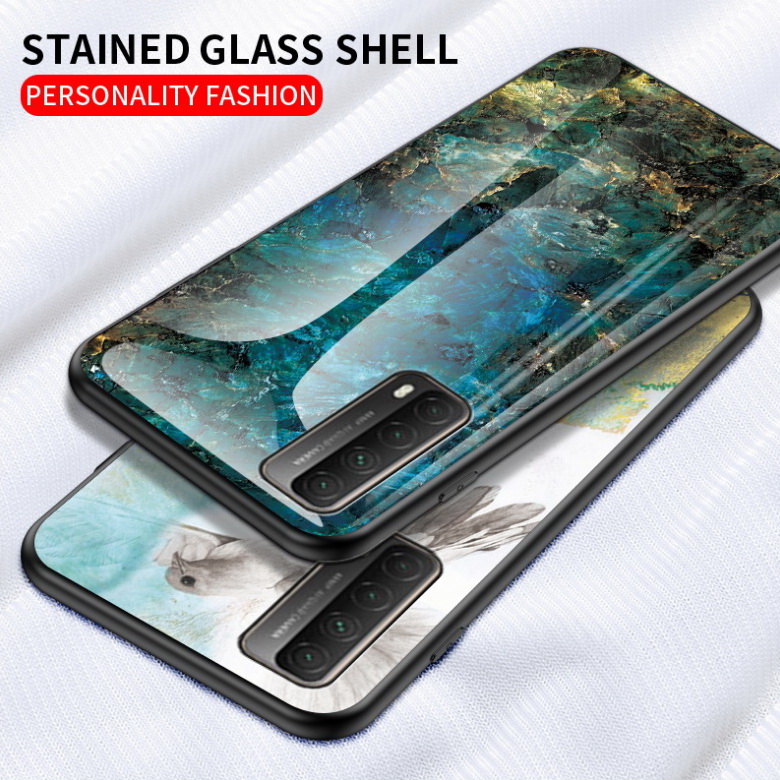 เคส Huawei Y7a #เคสฝาหลัง Gradient Color ลายหินอ่อน Glass + PC + TPU Hybrid Case
