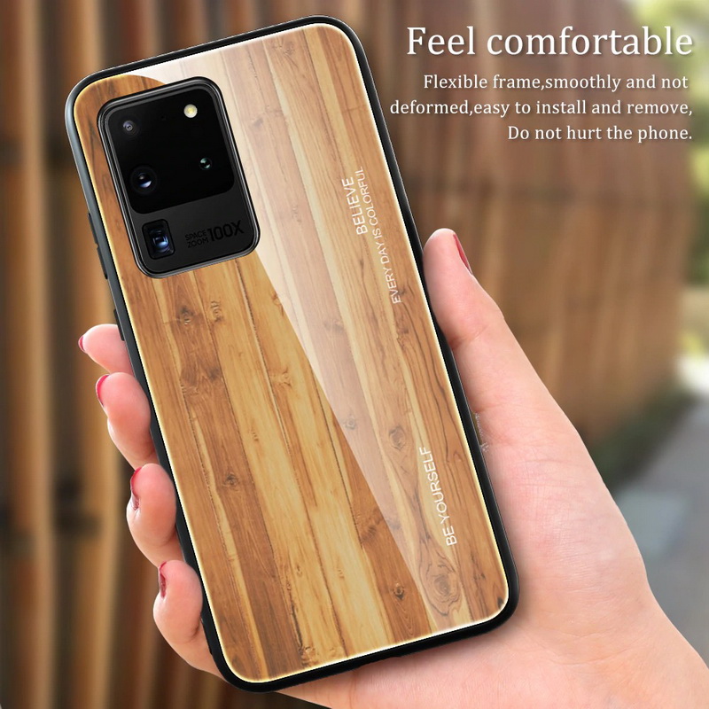 Case Samsung Galaxy S20 Ultra / S20 Ultra 5G #เคสฝาหลังกระจกลายผิวไม้ Case Hard Tempered glass Wood grain protect Back Cover