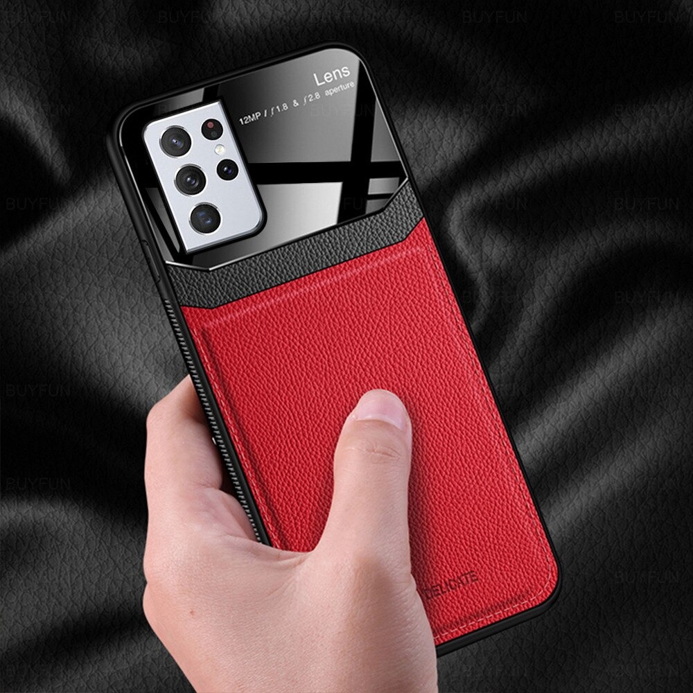 เคส Samsung Galaxy S21 Ultra 5G #เคสฝาหลังไฮบริด PU +TPU + glass สีทูโทน Shockproof Leather Mirror Glass Silicone Phone Back Cover